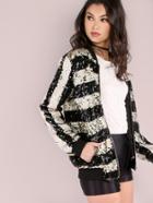 Shein Black And White Striped Zip Up Sequin Bomber Jacket