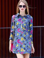 Shein Multicolor Lapel Length Sleeve Letters Print Denim Dress