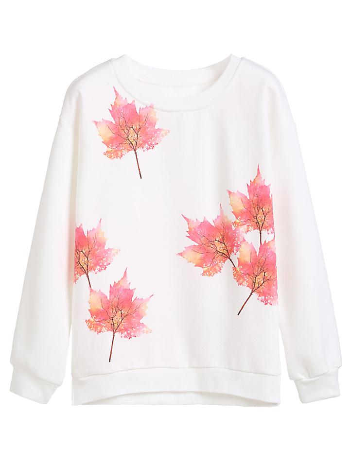 Shein White Leaves Print Sweatshirt