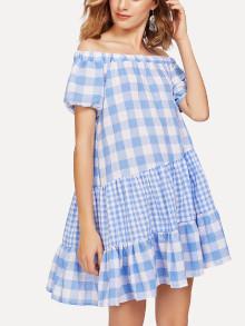 Shein Off Shoulder Ruffle Hem Gingham Dress
