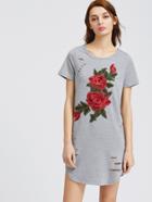 Shein Heather Grey Embroidered Rose Applique Ripped Tee Dress