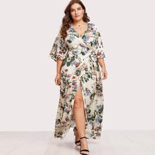 Shein Plus Kimono Sleeve Surplice Wrap Botanical Dress