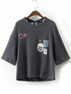 Shein Grey Embroidery Drop Shoulder Tie Back T-shirt