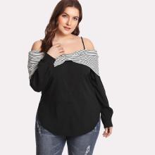 Shein Plus Contrast Striped Bow Open Shoulder Blouse
