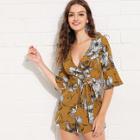 Shein Bell Sleeve Floral Wrap Romper