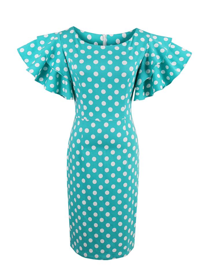 Shein Flounce Sleeve Dot Print Pencil Dress