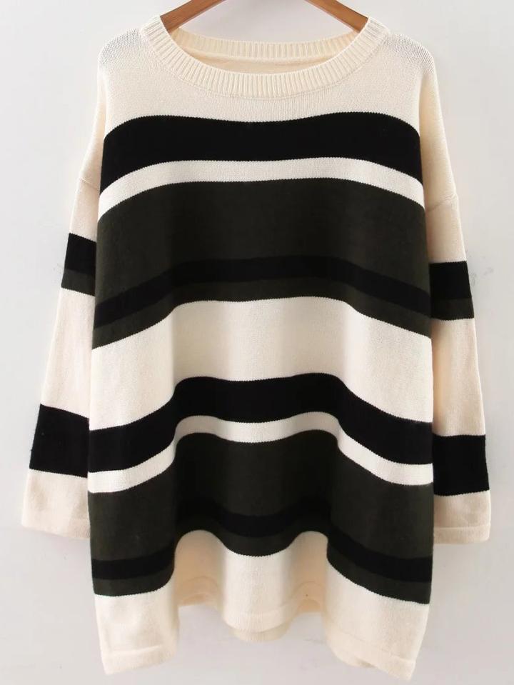 Shein Army Green Striped Drop Shoulder Loose Sweater