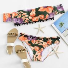 Shein Pompom Embellished Floral Bikini Set