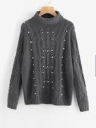 Shein Roll Neck Pearl Beading Mixed Knit Jumper