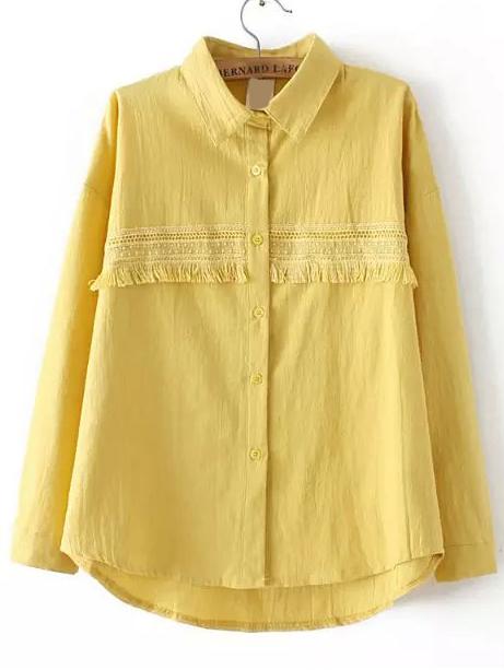 Shein Yellow Lapel Long Sleeve Tassel Blouse
