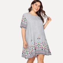 Shein Plus Pinstripe And Flower Print Tunic Dress