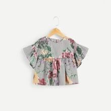 Shein Girls Striped And Flower Print Peplum Top