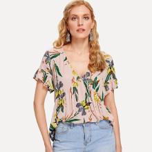 Shein Cut Out Detail Flounce Sleeve Botanical Top