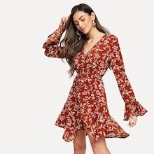 Shein Flounce Sleeve Drawstring Waist Surplice Wrap Dress
