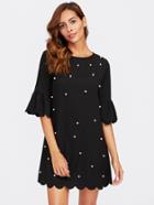 Shein Trumpet Sleeve Pearl Beading Scalloped Dress
