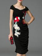 Shein Black Backless Embroidered Ruched Sheath Dress