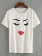 Shein White Eyelash Lip Print Casual T-shirt