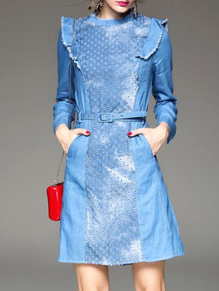 Shein Blue Ruffle Belted Denim Pockets Dress