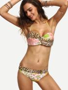 Shein Multicolor Flower & Leopard Print Twist-front Bikini Set