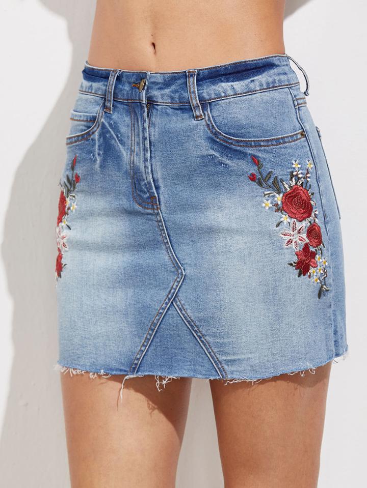 Shein Bleach Wash Raw Hem Embroidered Denim Skirt
