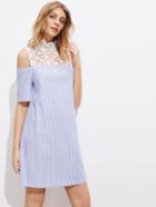 Shein Contrast Floral Lace Yoke Open Shoulder Striped Dress