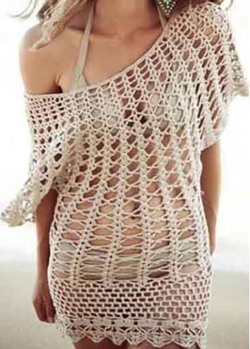 Rosewe Short Sleeve Apricot Knitting Hollowed Dress