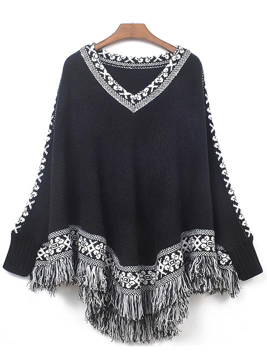 Shein Black V Neck Batwing Tassel Loose Knitwear