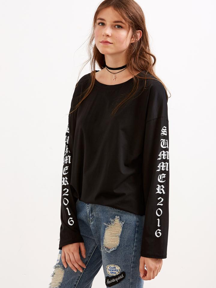 Shein Black Letter Print Drop Shoulder T-shirt