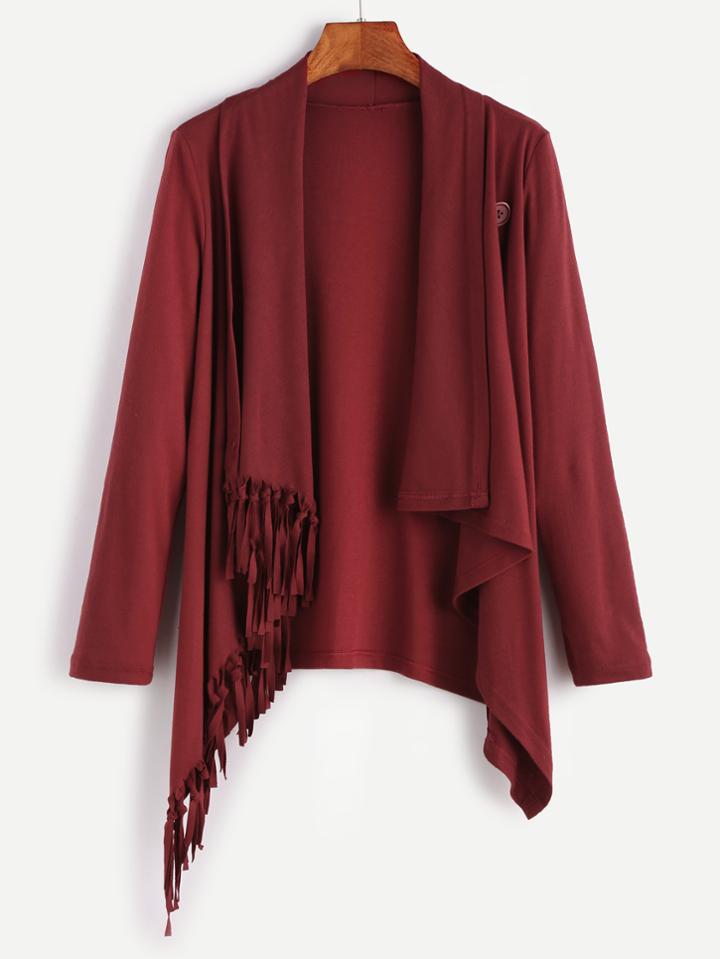 Shein Burgundy Shawl Collar Fringe Asymmetric Hem Coat
