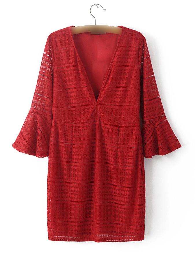 Shein Burgundy Deep V Neck Bell Sleeve Lace Dress