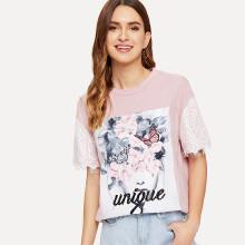 Shein Floral Print Lace Panel Tee