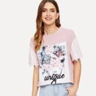 Shein Floral Print Lace Panel Tee