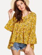 Shein Fluted Sleeve Calico Print Dip Hem Top