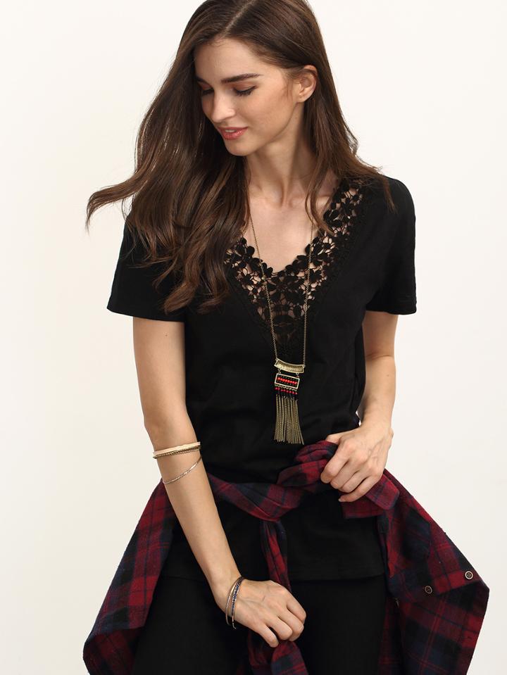 Shein Contrast Crochet V Neck T-shirt