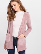 Shein Faux Fur Pocket Patched Ribbed Coat