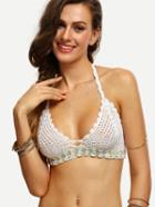 Shein White Beaded Hollow Out Crochet Bikini Top