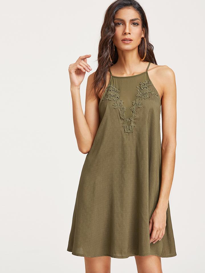 Shein Army Green Crochet Trim Keyhole Back Slip Dress