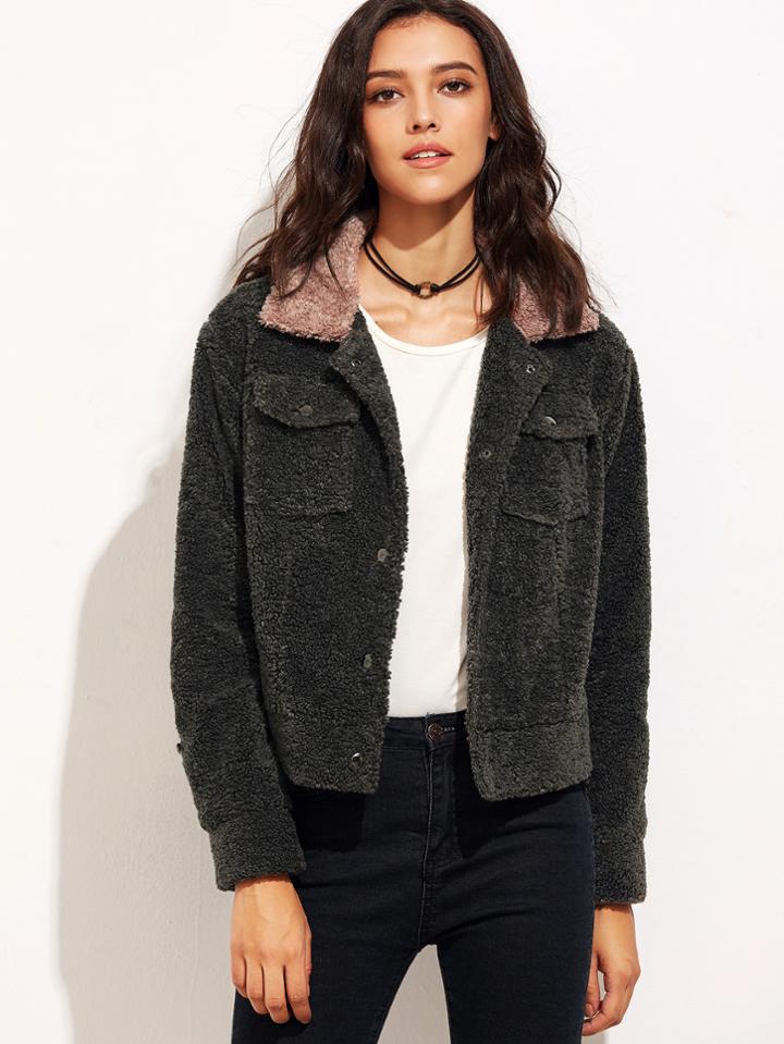 Shein Color Block Pocket Front Fluffy Jacket