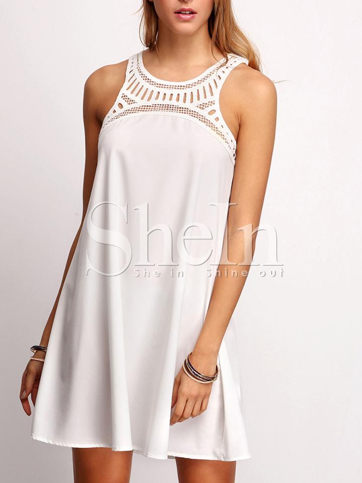 Shein White Sleeveless Hollow Yoke Shift Dress