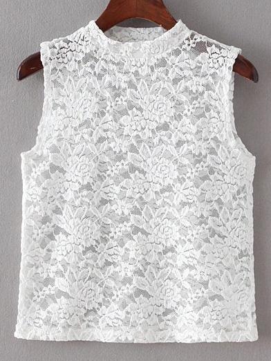 Shein White Band Collar Lace Sheer Tank Top