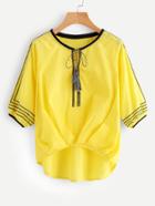 Shein Tasseled Tie Pleated Dip Hem Embroidered Top