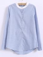 Shein Blue Round Neck Buttons Front Long Sleeve Striped Blouse
