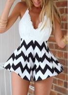 Rosewe Chevron Print Lace Crochet Open Back Rompers