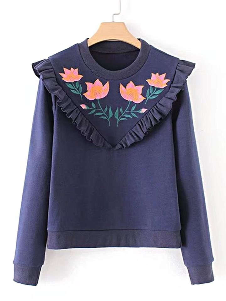 Shein Frill Detail Embroidered Sweatshirt