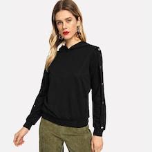 Shein Snap Button Sleeve Solid Hoodie
