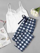Shein Lace Embellished Cami & Plaid Pants Pajama Set