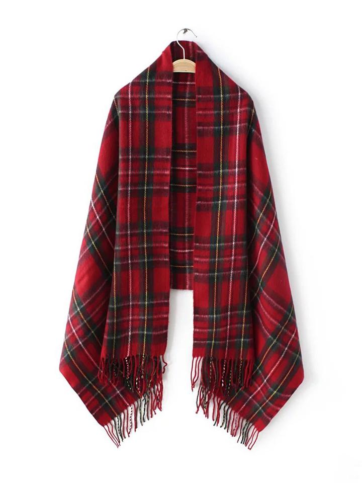 Shein Red Tartan Plaid Long Fringe Shawl Scarf