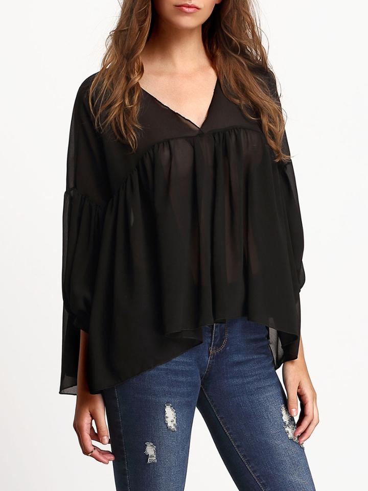Shein Black V Neck Chiffon Loose Blouse