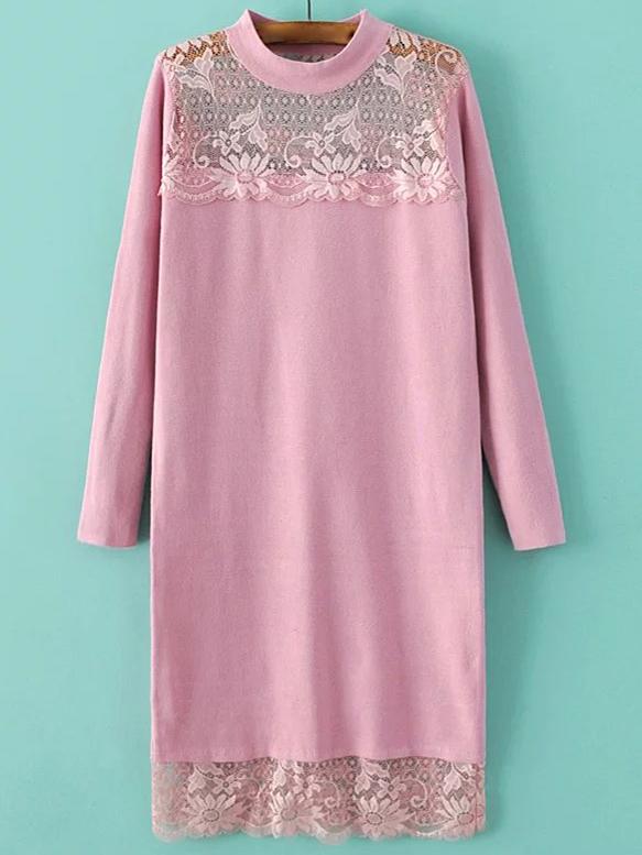 Shein Pink Band Collar Lace Long Sweater