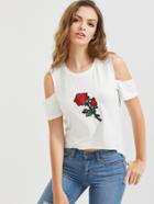 Shein Open Shoulder Applique Dip Hem T-shirt